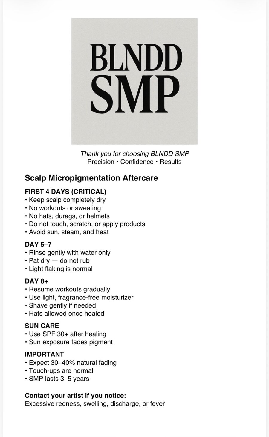BLNDD scalp micropigmentation aftercare instruction card